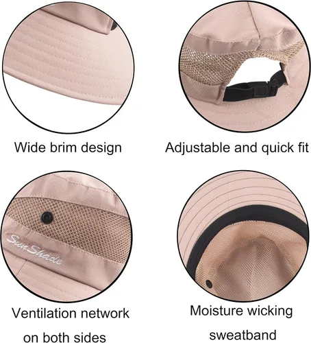 Vista 5 de Sombrero de sol para mujer con protección UV, malla plegable, ala ancha, sombrero de pesca para playa