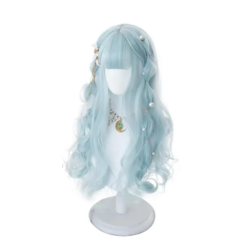 Vista 2 de Filuckyve Peluca de cosplay de 23.6 pulgadas de largo con flequillo, ondulada Harajuku, linda peluca para fiestas diarias para mujeres y niñas