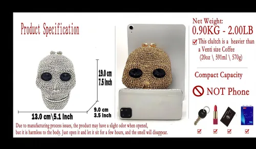 Vista 3 de Boutique De FGG Bolso de mano de cristal de calavera para mujer, bolso de mano de noche con diamantes de imitación, para fiesta, graduación