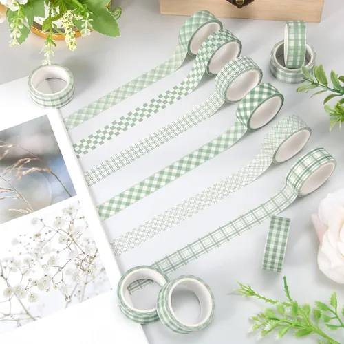 Vista 4 de Whaline 12 Rolls Sage Green Plaid Washi Tape Masking Tape Set Pastel Green Gingham Decorative Wrapping Paper Tapes Boxed for Wedding Scrapbook