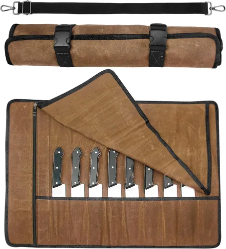 Vista 9 de Bolsa enrollable para cuchillos de chef, estuche de viaje para cuchillos de lona encerada, soporte de almacenamiento profesional resistente con 10