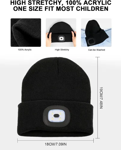 Vista 3 de MELASA Gorro con luz para niños,Sombrero de faro LED manos libres recargable por USB, gorro de invierno de punto con linterna