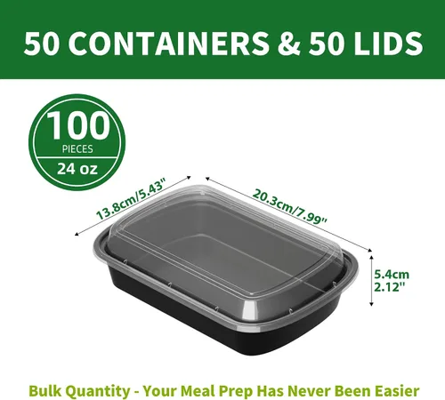 Vista 2 de Contenedores para preparación de comidas, paquete de 50 de 24 oz (100 piezas) contenedores desechables para almacenamiento de comida para llevar