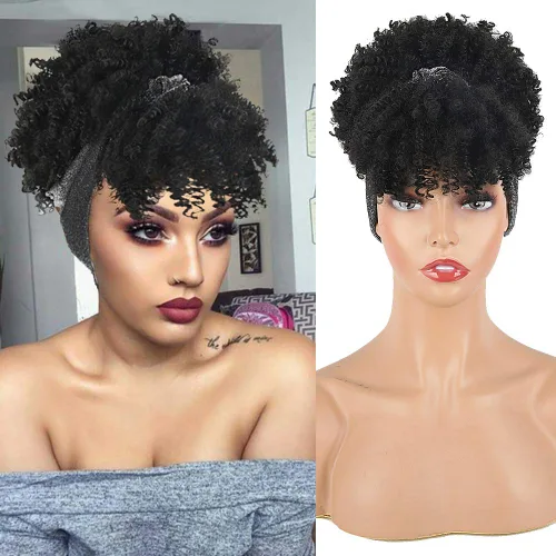 Vista 17 de Aisaide Peluca de Diadema Afro Rizada Crespa, Pelucas Afro Negras Cortas para Mujeres Negras, Peluca Sintética Rizada Crespa con Diadema y Flequillo