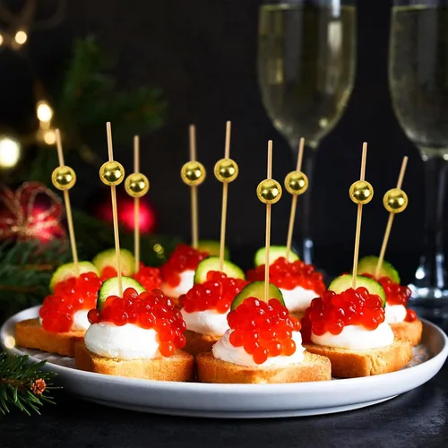 Vista 5 de 100 palillos de dientes elegantes para aperitivos, palillos de cóctel de perlas doradas de 4.7 pulgadas para bebidas, brochetas de bambú