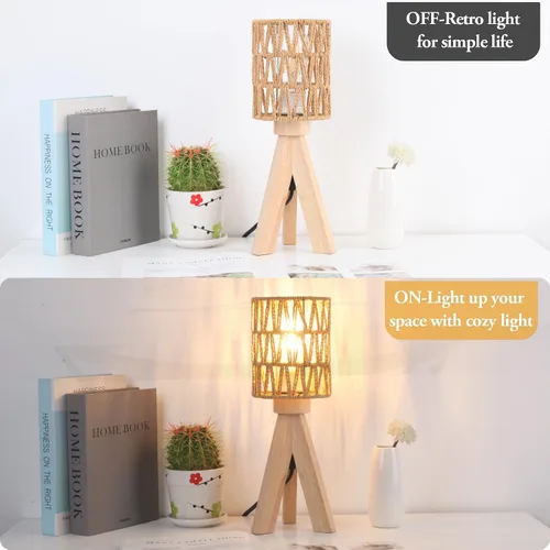 Vista 5 de Lámpara de mesa con trípode regulable, pequeña lámpara bohemia de mesita de noche para dormitorio con pantalla de tela de ratán, bonita lámpara