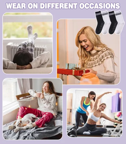 Vista 7 de LANLEO Calcetines de pilates con empuñaduras para mujer, calcetines antideslizantes para yoga, baile, atletismo, entrenamiento, hospital, calcetines