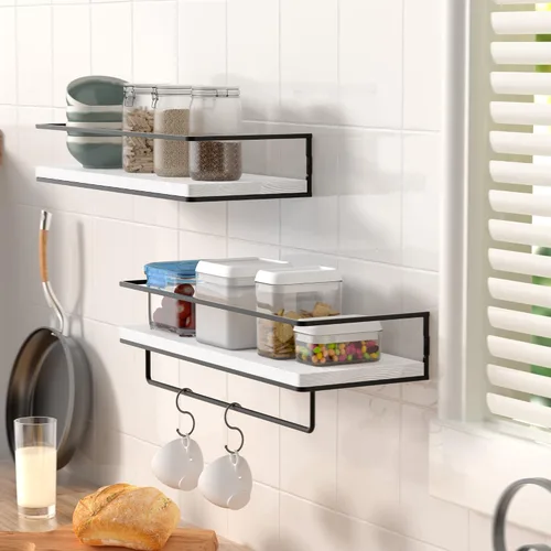 Vista 2 de ZGO Juego de 2 estantes flotantes para pared, estantes de almacenamiento montados en la pared con marco de metal negro y toallero para baño, Blanco