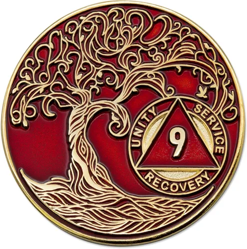 Vista 55 de 1 año Sobriety Mint Twisted Tree of Life Medallón de recuperación AA chapado en oro, chip/ficha - negro