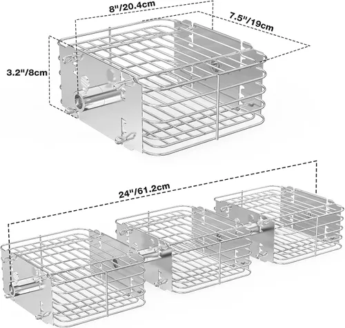 Vista 3 de Juego de 3 cestas para asador, 3 unidades, rectangulares de acero inoxidable para la mayoría de parrillas de carbón y gas, se adapta a hexágonos