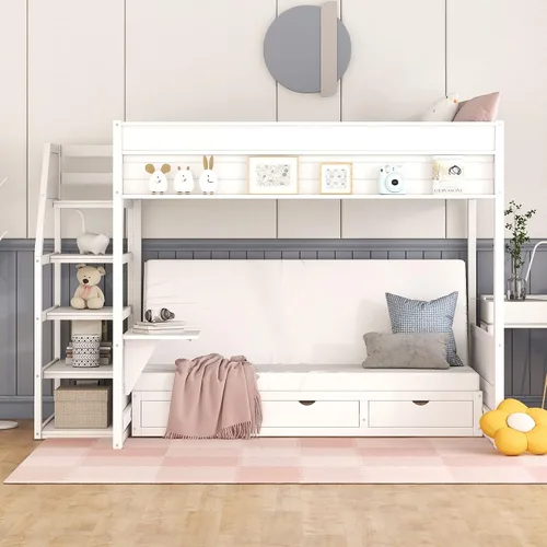 Vista 20 de VilroCaz Modern Elegance - Cama tipo loft de tamaño matrimonial con cajones de almacenamiento y escritorio, marco de cama de madera maciza