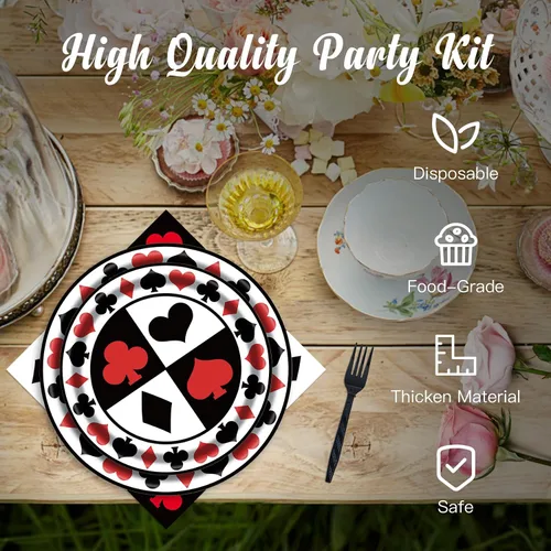 Vista 3 de Kit de suministros de fiesta de casino para 24 invitados, 97 piezas, incluyendo platos, tenedores, servilletas, banderines, ideal para noches