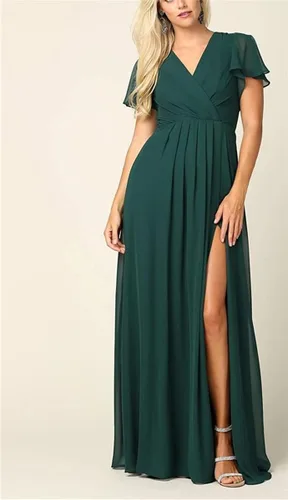 Vista 3 de Women's V Neck Bridesmaid Dresses with Short Sleeve Chiffon Formal Evening Party Gowns Plus