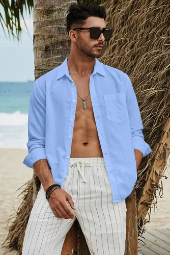 Vista 5 de JMIERR Camisa de vestir de manga larga con botones y lino de algodón para hombre