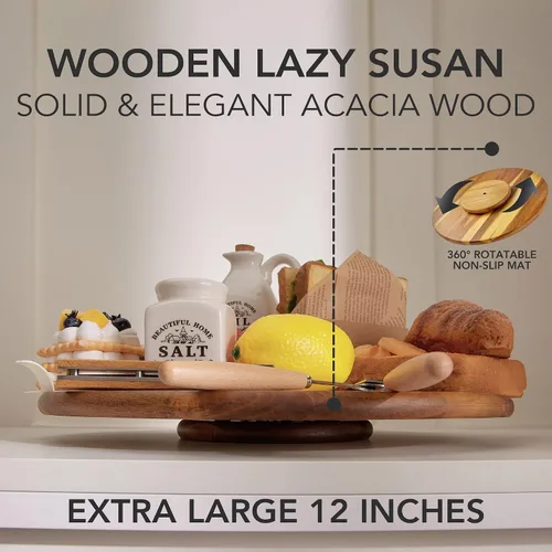 Vista 3 de Bandeja giratoria de madera de acacia Lazy Susan, organizador de gabinete, 12 pulgadas