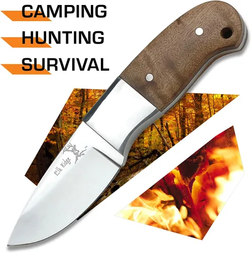 Vista 3 de Elk Ridge 111 Series Outdoors Fixed Blade Knife - 5-in Overall, 440 Stainless Steel Mirror Polished Blade, Burl Wood Handle, Leather Sheath