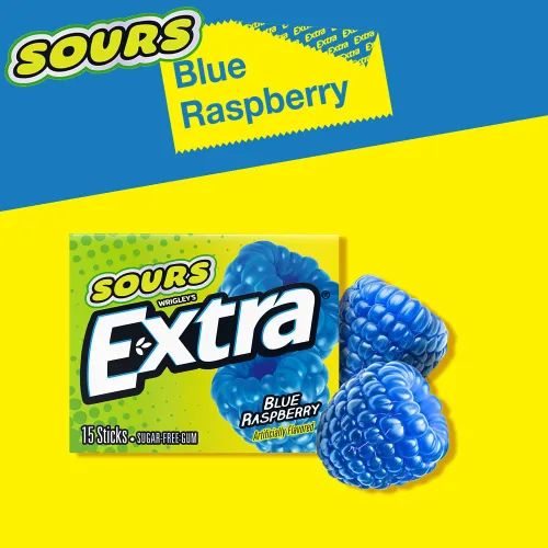 Vista 9 de EXTRA SOURS Chicle Sin Azúcar de Frambuesa Azul Dulce Agrio Chicle de Fruta, Paquete de 15 Barras, 10