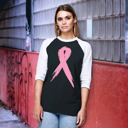 Vista 4 de shop4ever Camiseta de béisbol raglán rosa de concientización sobre el cáncer de mama Negro/Blanco