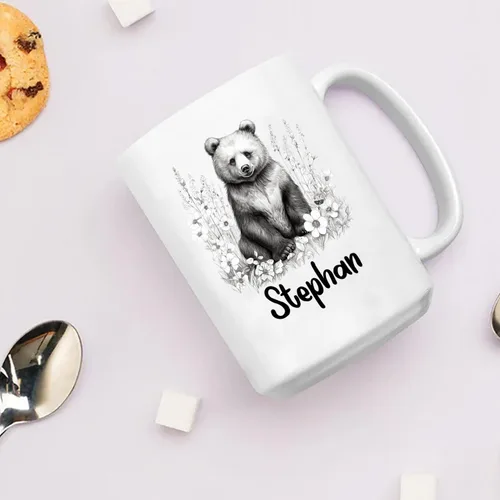 Vista 4 de Taza de café con nombre personalizado de oso de 11 y 15 onzas, taza de cerámica blanca con dibujo a lápiz de oso personalizado, regalo para niños