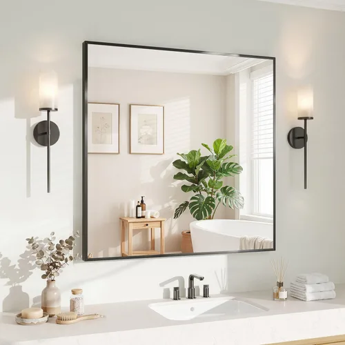 Vista 47 de Koonmi Espejo de pared rectangular negro, espejo de baño de 20 x 30 pulgadas, espejo de tocador con marco de aluminio para entrada, sala de estar