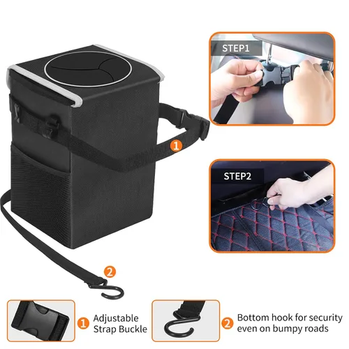 Vista 4 de NIUTA - Cubo de basura plegable e impermeable para auto, con tapa y bolsillo lateral de malla, para auto, todoterreno, camión, minivan