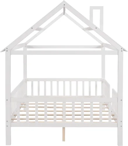 Vista 7 de Merax Cama de casa completa para niños, marco de cama matrimonial de madera en forma de casa, marco de cama con ventanas de techo y barandillas