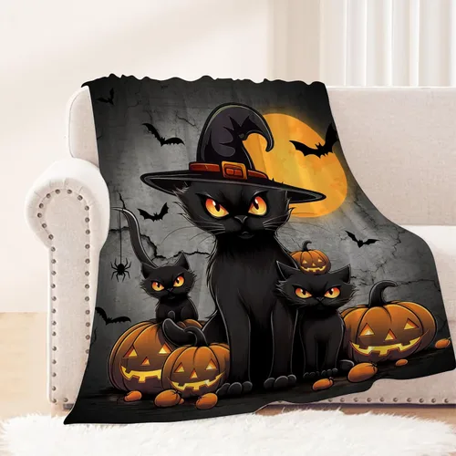 Vista 8 de Manta de Halloween para bebé, mascota pequeña, manta espeluznante de calabazas negras para gatos, manta para cuna, cochecito, decorativa, ligera