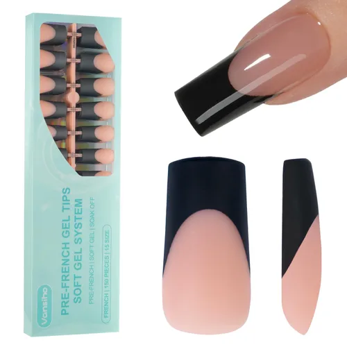 Vista 20 de Vansiho Uñas postizas de gel francés de almendra media, uñas suaves rosadas