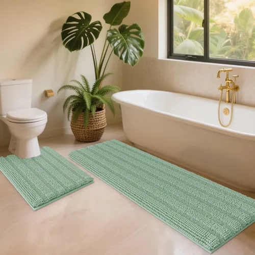 Vista 82 de ACCUMTEK - Juego de alfombras de baño a rayas beige de 3 piezas, ultrasuaves, antideslizantes de chenilla, alfombras de baño mullidas y absorbentes