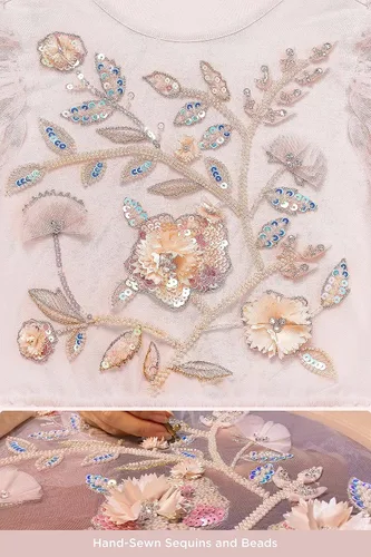 Vista 4 de Vestido tutú para niñas, vestido de tul bordado, vestido escalonado de flores para niñas pequeñas, para boda, cumpleaños, accesorio de fotos