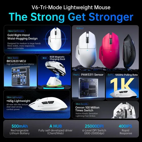 Vista 6 de ATTACK SHARK V6 - Mouse inalámbrico para juegos con base de carga RGB, sensor PAW3311 de 25 K DPI y tres modos de sondeo de 1 K, batería de 500 mAh