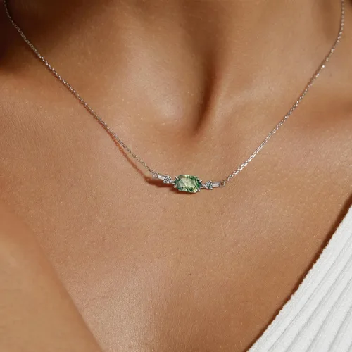 Vista 3 de WES Pendant Necklace 925 Sterling Silver Moss Agate Pendant Necklace for Women,Green Hexagon Prong Gemstone Necklace for Women