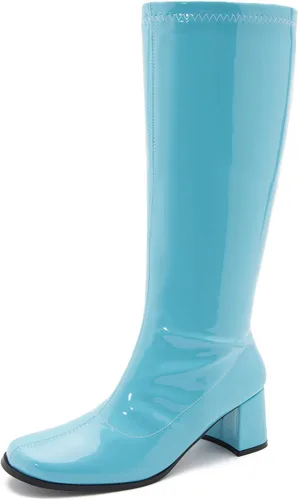 Vista 16 de LIURUIJIA Botas Gogo de mujer, hasta la rodilla, tacón ancho, punta cuadrada, estilo años 60 y 70, botas de disfraz de discoteca Blanco