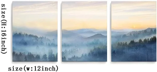 Vista 6 de Decoración de pared para dormitorio, 3 paneles, estampado de bosque brumoso con salida del sol, arte de pared para sala de estar, baño, lienzo
