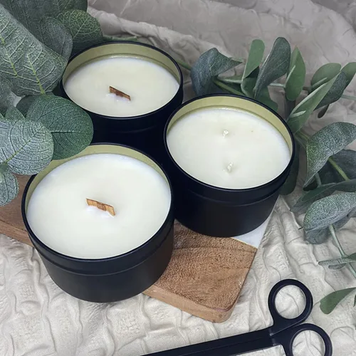 Vista 5 de Paquete de 24 latas de velas negras de 4 onzas, latas para hacer velas a granel, frascos de velas, recipientes para velas