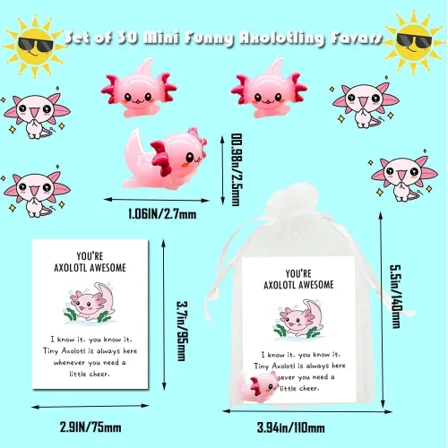Vista 2 de 90 piezas de regalo inspirador mini ajolote de resina con regalo de agradecimiento, tarjetas de animación, bolsas de regalo de organza blanca