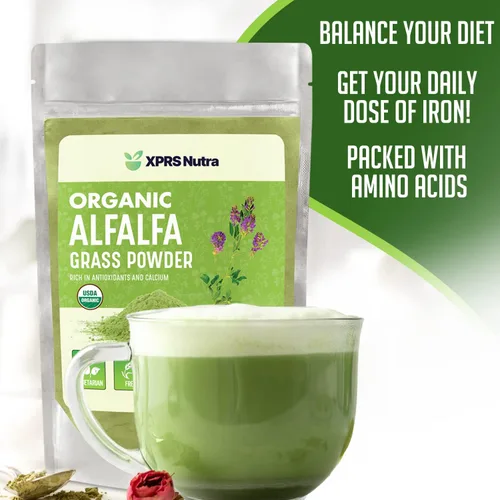 Vista 3 de XPRS Nutra Polvo de alfalfa orgánica Suplemento de alfalfa vegana premium rico en calcio, antioxidantes, vitaminas, suplemento de alfalfa