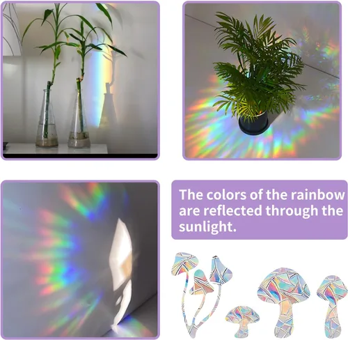 Vista 4 de Adhesivo para ventana de arco iris, 22 piezas de PVC con forma de hongo y arco iris, calcomanías estáticas para evitar golpes de pájaros