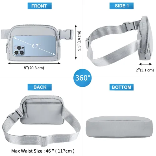 Vista 3 de ARMENCI Bolsa de cinturón para mujeres y hombres, ligera EDC manos libres, moderna para viajar, senderismo, ciclismo, entrenamiento, casual, Gris