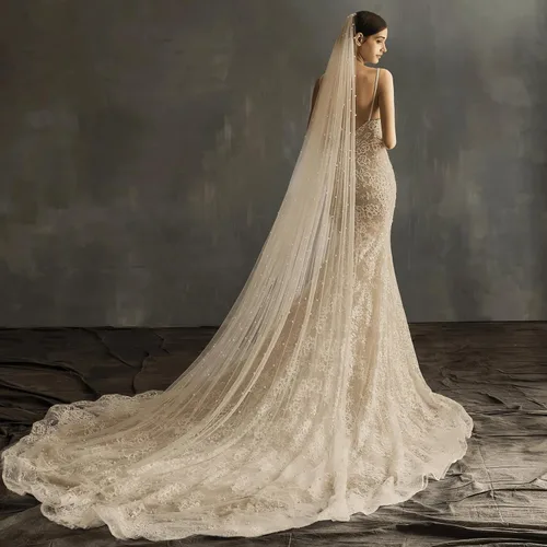 Vista 2 de AMBRE ADELE Cathedral Bridal Long Tulle Veil With Pearl, Wedding Veil for Brides