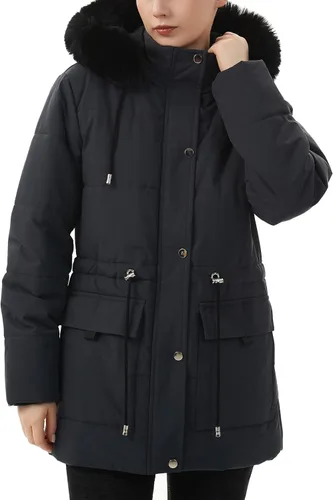 Vista 3 de MOERDENG Abrigo de invierno cálido para mujer, con forro polar grueso, chaqueta de plumón de piel sintética, capucha desmontable, ropa de abrigo