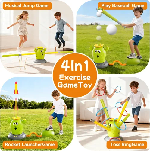 Vista 2 de Cactus 4 en 1 juguetes musicales saltarines, juego de lanzar anillos y lanzador de cohetes pisoteables para niños de 3 a 8 años, juguete deportivo
