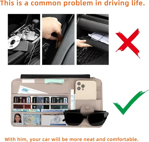 Vista 5 de Organizador de cuero para visera de automóvil para automóviles, camiones y SUV: cuenta con soporte para lentes de sol, bolsillos seguros