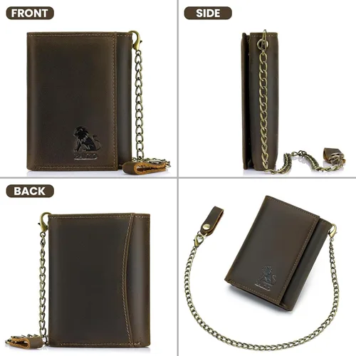 Vista 2 de BAIGIO Billetera de cuero genuino con cadena para hombre, con bloqueo RFID, triple pliegue, regalo para el padre