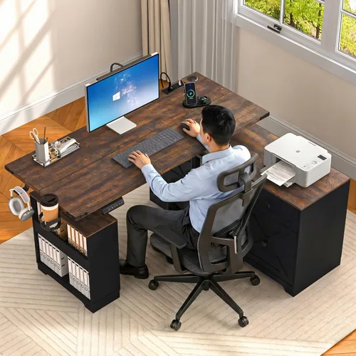 Vista 3 de St.Mandyu Escritorio eléctrico de pie en forma de L, escritorio de computadora ajustable de altura de 55 pulgadas con cajón de archivos, puerta