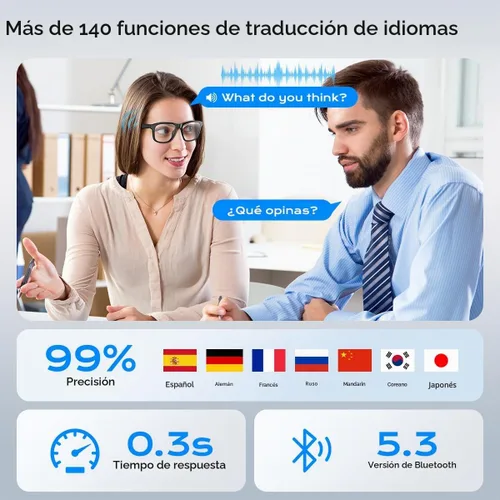 Vista 2 de Lentes inteligentes AI, lentes Bluetooth con traducción en línea de más de 140 idiomas, lentes fotocrómicas, micrófono y altavoces integrados, lente