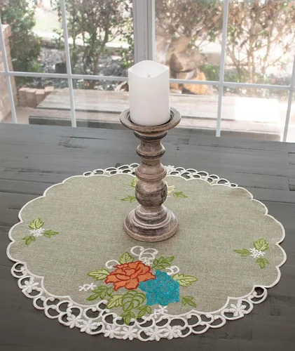Vista 4 de Linens, Art and Things Bordado colorido rosa suroeste sobre mantel redondo verde, mantel (23 pulgadas redondo)