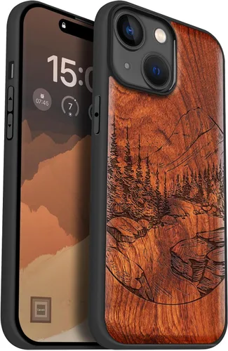 Vista 19 de Carveit Funda magnética de madera para iPhone 15, compatible con cargadores inalámbricos MagSafe, funda negra de TPU suave a prueba de golpes