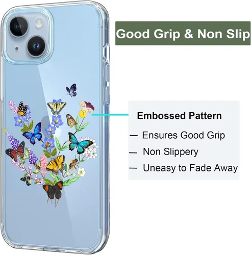 Vista 4 de Unov Funda compatible con iPhone 14 Plus, transparente con diseño en relieve, patrón floral en relieve, TPU suave, parachoques delgado, protector