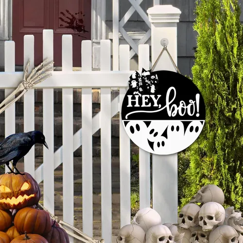 Vista 7 de Letrero de Puerta de Halloween Decoración de Fantasma - Hey Boo Decoración de Pared Espeluznante - Decoraciones Colgantes de Puerta Delantera